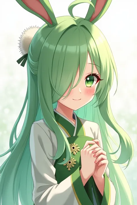 ( top quality,  best quality,  official art  , beautiful and aesthetic :1.2) female anime, rabbit woman, cute girl, long green hair,  hair over the right eye,  Green Eyes Pants,  bunny ears , white pompous tail , Chinese green and white clothes,  smiling.