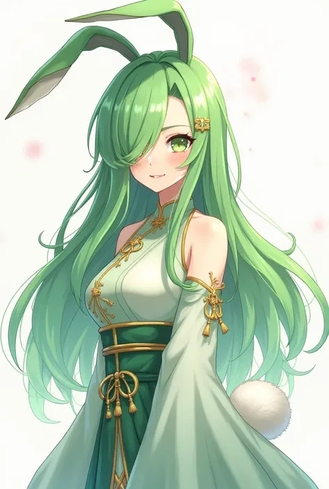 ( top quality,  best quality,  official art  , beautiful and aesthetic :1.2) female anime, rabbit woman, cute girl, long green hair,  hair over the right eye,  Green Eyes Pants,  bunny ears , white pompous tail , Chinese green and white clothes,  smiling.