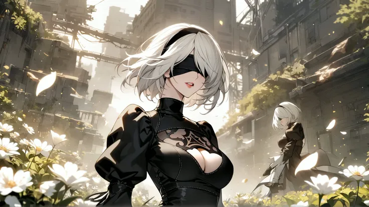 masterpiece, best quality, very aesthetic, absurdres, 1girl, mature_lady,  ,2b_(nier:automata), nier:automata, nier_(series), 1girl, short_hair, white_hair, covered_eyes, black_blindfold, black_hairband, hairband,,surrounding by flowers,falling_petals, out...