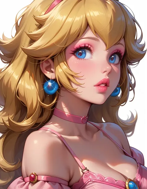 score_9, score_8_up, score_7_up, 1girl, solo, mature woman, beautiful waifu, (Princess Peach, blonde:1.4), (makeup, pink dress, thin strap:1.3), (plain pink choker:1.1), bare shoulders, cleavage, bare arms, filled lips, thick lips, sexy eyes, detailed eyes...