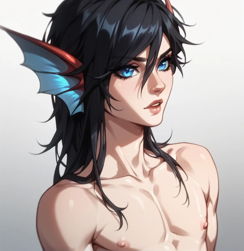 longeyelashes, 1 femboy, male, Merman, long black hair, Blue eyes, evil.