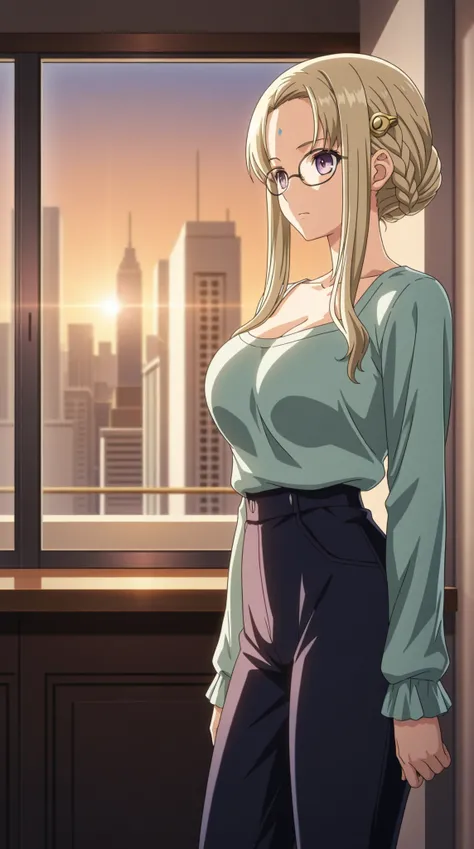 Evening:1.7),  modern apartment ,  skyscraper,  City view, Before the window,  steadfast in attention position , Undoubtedly , green shirt , long sleeves, neckline, clavicle, glasses, brown hair , purple eyes,Braid,single Braid,Yellow hair ornament ,  a gi...