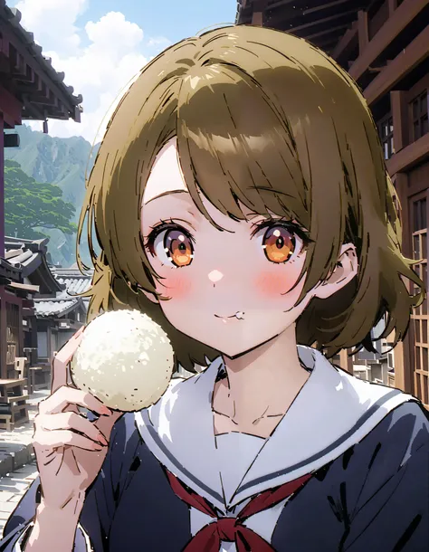 Hanayo Koizumi, ショートヘア, 茶髪, 紫色の目,巨乳,胸の谷間,麦わら帽子,タンクトップ,タンクトップの裾を縛っている,オーバオール,長ズボン,農業用ブーツ,田んぼ,山,川,柵にもたれてある,立っている,両手で三角おにぎりを持っている,eating rice ball,昼間, 全身がイラストに入るように,                                                          壊す looking at viewer,全身,
壊す outdoors...