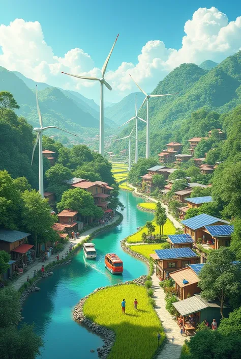 Renewable energy, people live in peace, wind turbines, rivers, roller-sale panels, electric cars, lots of shops, people grow rice, grow clean vegetables, clean, pollution-free.