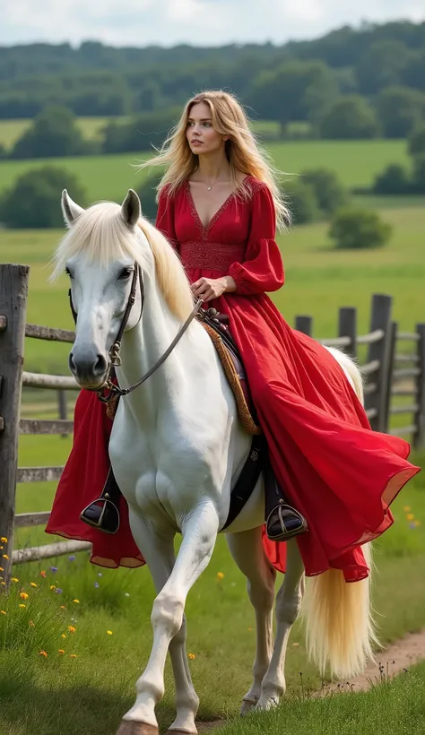 
A stunningly beautiful woman with long, wavy blonde hair and natural freckles, riding a majestic white horse through a vibrant countryside. She is dressed in a breathtaking red dress with flowing fabric, reminiscent of a classic and elegant peasant style....