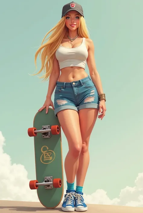 Create a realistic female skateboarder . She is blonde. She's wearing a cap,  have long straight hair , Wear a top and short shorts. He wears medium blue socks and a blue sneaker.  has big breasts and big ass . He is smiling. Are you holding the skateboard...