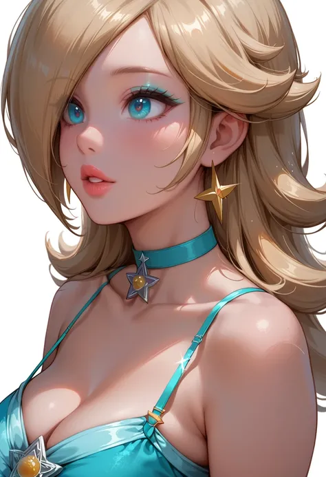 score_9, score_8_up, score_7_up, 1girl, solo, mature woman, beautiful waifu, (Princess Rosalina:1.4), (makeup, turquoise dress, thin strap:1.3), (plain turquoise choker:1.1), bare shoulders, cleavage, bare arms, filled lips, thick lips, sexy eyes, detailed...