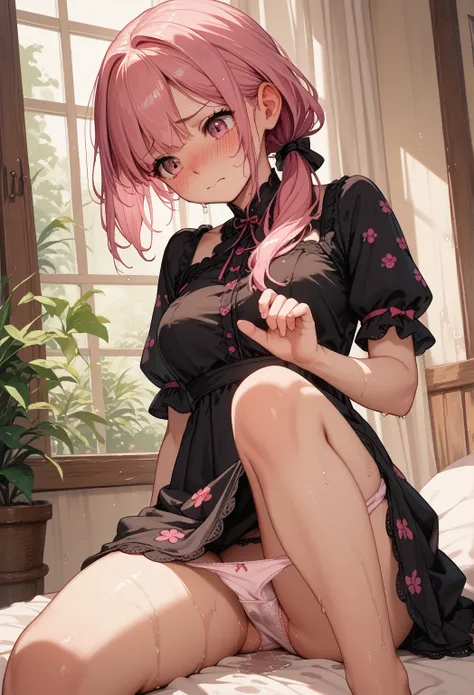  score_9, score_8_up, score_7_up,source_anime,1cute girl, pink hair,  pattern 、 ponytail, Black Ribbon,  pink eyes,  embarrassed face,  Medium Breasts,  low-cut black dress, miniskirt , panties, wet panties, dripping down thighs, sitting