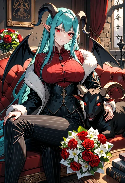  alone, female,  long cyan hair, straight hair, black goat horns ,  short pointed ears,  red eyes,  split pupils,  big boobs, high, medieval,  black business suit ,  red shirt, spade tail ,  black demon wings , chalk stripe,  striped pants , together, smir...