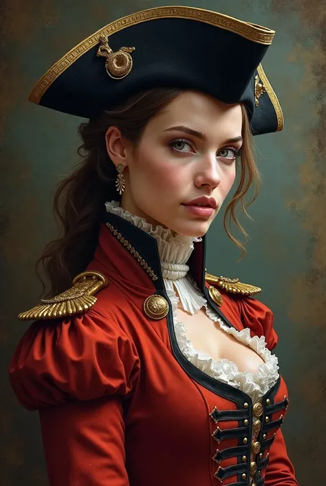 a young woman from the early 18th century based on Angelina Jolie, military uniform, tricorne, dungeons and Dragons 5th edition fantasy illustration, highly detailed cinematic fantasy portrait, black outlining, full color illustration, in the style of BORI...