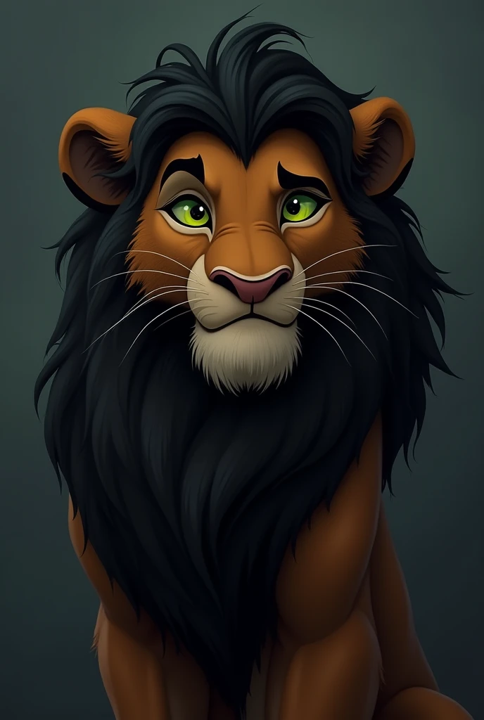  in the style of the Lion King , It is a sad young adult lion.  He has a dark and abundant mane ,  although slightly disheveled ,  with tufts that fall on her forehead .   Her eyes are an intense green color ,  and his gaze reflects a complex physical cont...