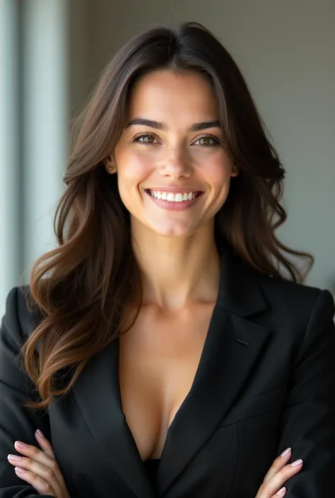 woman,    white skin  ,  brown eyes and hair ,   long  , Smiling professional clothing