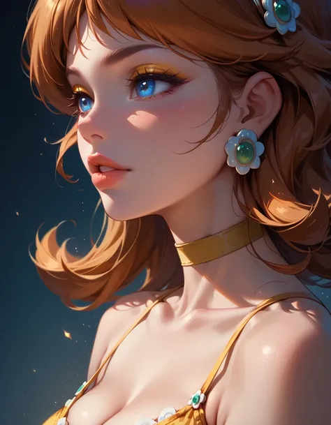 score_9, score_8_up, score_7_up, 1girl, solo, mature woman, beautiful waifu, (Princess Daisy:1.4), (makeup, yellow dress, thin strap:1.3), (plain yellow choker:1.1), bare shoulders, cleavage, bare arms, filled lips, thick lips, sexy eyes, detailed eyes, de...