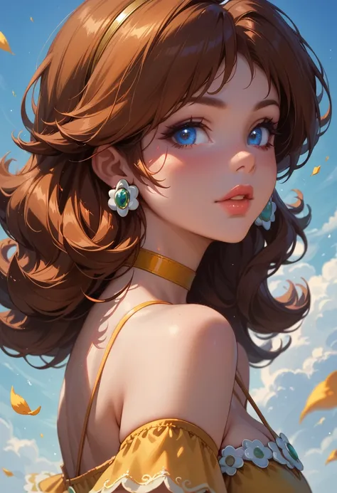 score_9, score_8_up, score_7_up, 1girl, solo, mature woman, beautiful waifu, (Princess Daisy:1.4), (makeup, yellow dress, thin strap:1.3), (plain yellow choker:1.1), bare shoulders, cleavage, bare arms, filled lips, thick lips, sexy eyes, detailed eyes, de...