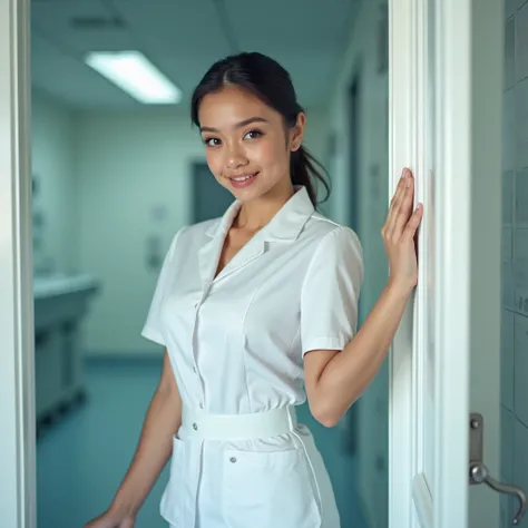 20 years old Female， Nurse Uniform （White），At the door of the ward，Do a sexy pose，Look at me with a smile