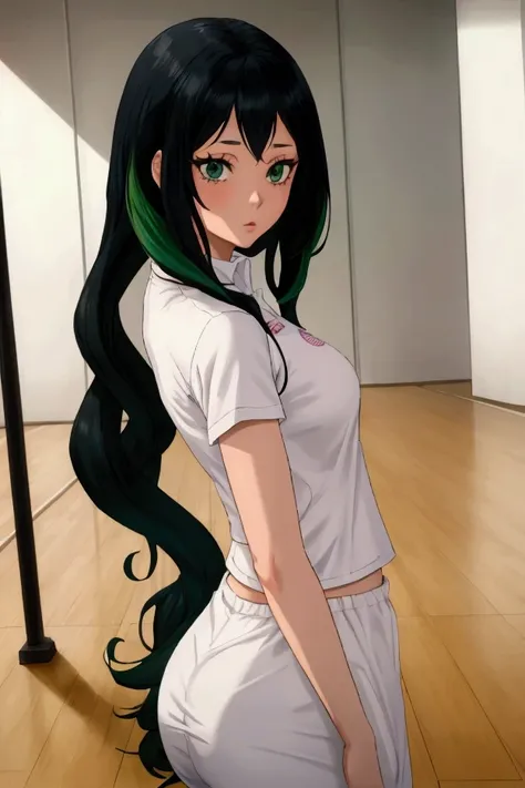  A young woman with long curly black hair and green eyes, with the locks of her pastel green hair . Senoa large and big butt .  White complexion and wears a volleyball uniform  