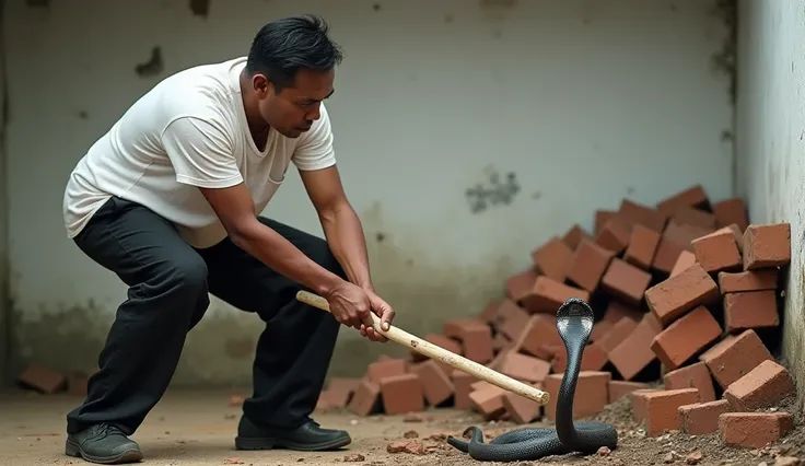 professional photo, photography, distant photo, 40 year old man from Indonesia, wearing a white t-shirt, black trousers, hitting with a long piece of wood, standing position of a small black snake with a white dot on its head with wood coming out of a pile...