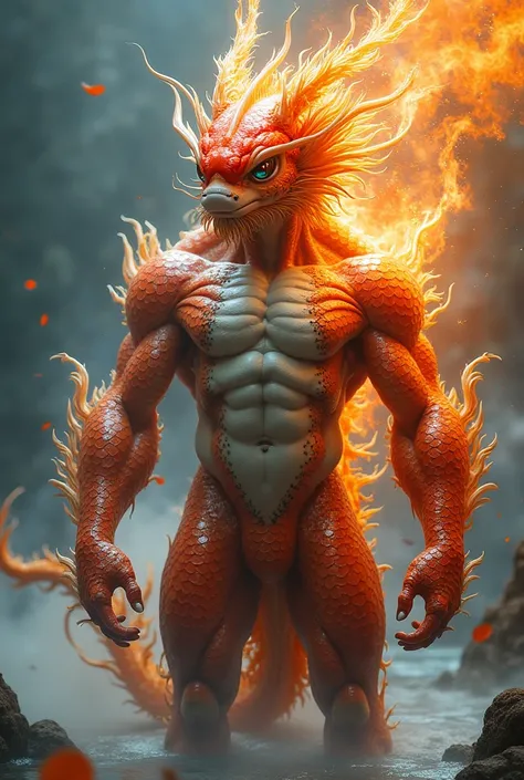  A humanoid creature with a majestic and powerful appearance ,  with a muscular body covered with iridescent scales in dormant tones ,  red and orange that shine like fire under the light .  Its face is a mix between a koi fish and an Asian dragon :  large...