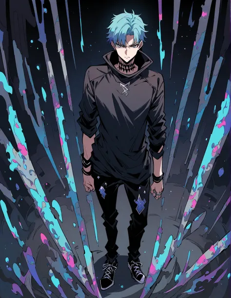 Male ager ,solo, black jean pants with one side white sprite, black sneaker shoes, teal hair, black shirt with high collar, xxx marks neck, grey eyes, night, stars, stoic look, standing, masterpiece, best quality, black wrist bands, silvers rings fingers