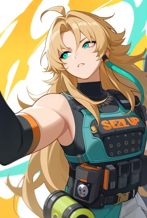 1 guy, buff, semi long hair, teal eye color, Zenless zone zero themed, tactical gear, yang xiao longs semblance 