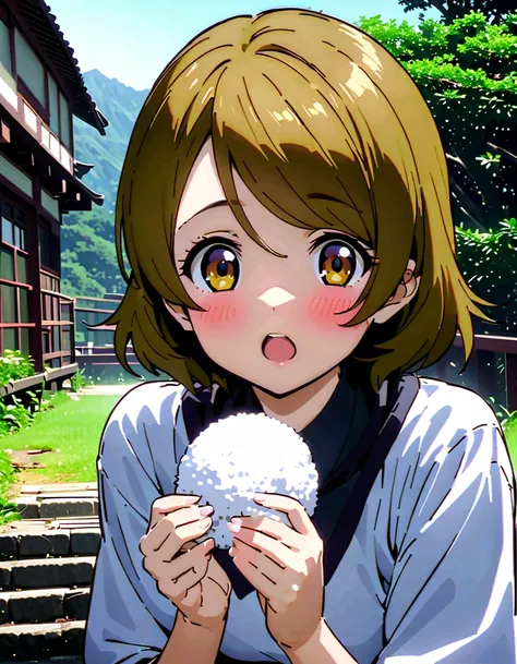 Hanayo Koizumi, ショートヘア, 茶髪, 紫色の目,巨乳,胸の谷間,麦わら帽子,笑顔,赤面,目を細める,口を開ける,タンクトップ,タンクトップの裾を縛っている,オーバオール,長ズボン,農業用ブーツ,柵にもたれてある,立っている,両手で三角おにぎりを持っている,eating rice ball,昼間, 全身がイラストに入るように,                                                          壊す looking at viewer,全身,
壊...