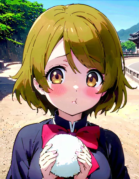 Hanayo Koizumi, ショートヘア, 茶髪, 紫色の目,巨乳,胸の谷間,麦わら帽子,笑顔,赤面,目を細める,口を開ける,タンクトップ,タンクトップの裾を縛っている,オーバオール,長ズボン,農業用ブーツ,柵にもたれてある,立っている,両手で三角おにぎりを持っている,eating rice ball,昼間, 全身がイラストに入るように,                                                          壊す looking at viewer,全身,
壊...