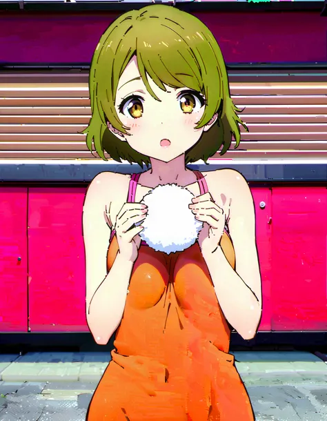 Hanayo Koizumi, ショートヘア, 茶髪, 紫色の目,巨乳,胸の谷間,麦わら帽子,笑顔,赤面,目を細める,口を開ける,タンクトップ,タンクトップの裾を縛っている,オーバオール,長ズボン,農業用ブーツ,柵にもたれてある,立っている,両手で三角おにぎりを持っている,eating rice ball,昼間, 全身がイラストに入るように,                                                          壊す looking at viewer,全身,
壊...