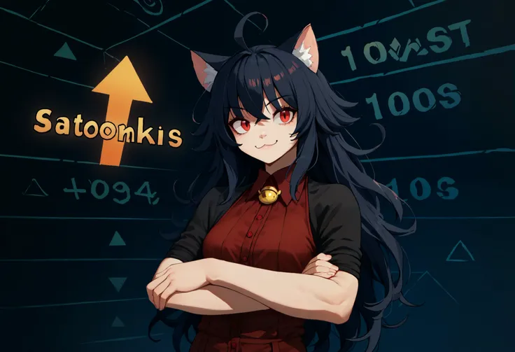 score_9, score_8_up, score_7_up, 1girl, stonks, arrow (symbol), crossed arms, formal, junkotvvxl,  ((cat girl, cat ears)), (red eyes), (long hair), (( black hair, (Ahoge), straight bangs,)), smile, english text,