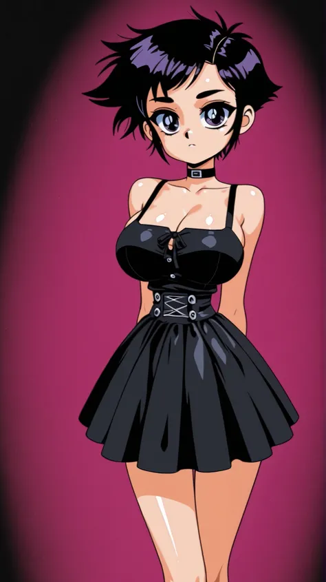 best quality, illustrator anime, young Korean girl, goth girl, slender, thin waist, short spiky hair, metal style, big breasts, cleavage, shiny skin, no background, pink background, black background, style retro classic, arms behind back,