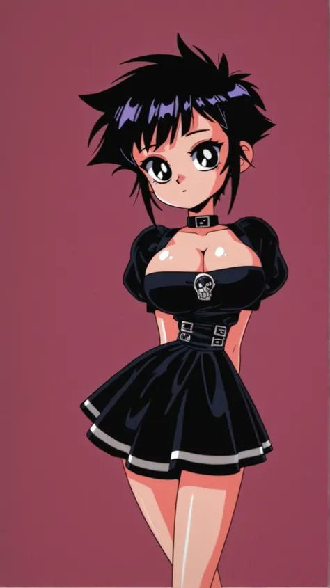 best quality, illustrator anime, young Korean girl, goth girl, slender, thin waist, short spiky hair, metal style, big breasts, cleavage, shiny skin, no background, pink background, black background, style retro classic, arms behind back,