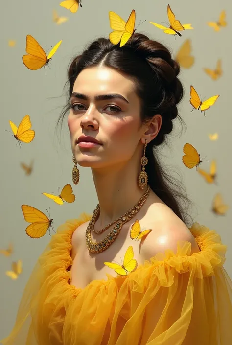 Frida Kahlo with a slight smile, surrounded by small yellow butterflies ; wrapped in tulle
