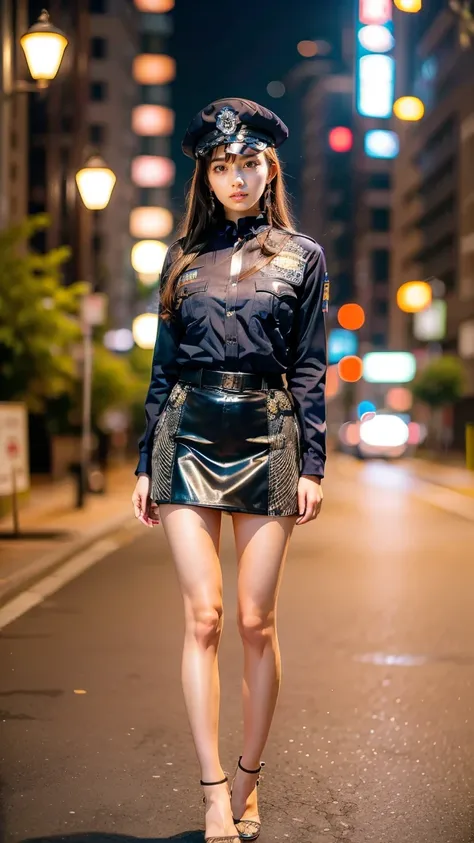 beautiful Japanese woman, 22 years old, perfect anatomy, healthy thighs, beautiful legs, beautiful skin, random hair color, random hairstyle, large breasts, female police officer, (Japanese police uniform:1.3), (miniskirt:1.3), (she is standing:1.2), full ...