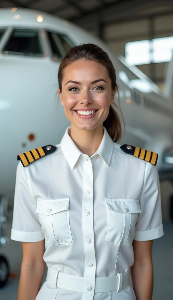 Create a realistic digital portrait of a smiling female airline pilot wearing a crisp white pilot uniform with epaulets featuring golden stripes. She has neatly tied hair and is standing in front of a modern airplane in a well-lit hangar or airport setting...