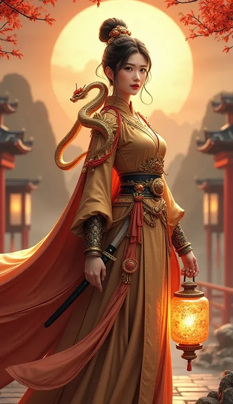  Oriental mythology style female knight character
The characters are dressed in traditional ornate gold and brown costumes ， beautifully decorated with dragon pattern
The costumes are rich in detail ， shows nobility and majesty
The head wears a cape ， adds...