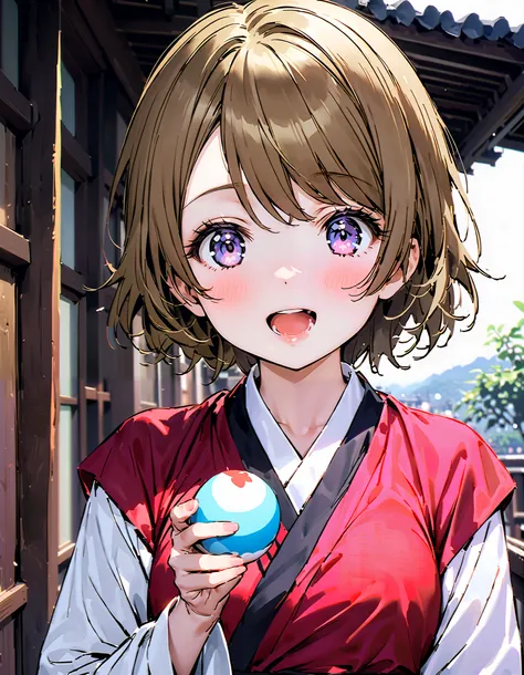 Hanayo Koizumi, ショートヘア, 茶髪, 紫色の目,巨乳,胸の谷間,麦わら帽子,笑顔,赤面,目を細める,口を開ける,タンクトップ,タンクトップの裾を縛っている,オーバオール,長ズボン,農業用ブーツ,柵にもたれてある,立っている,両手で三角おにぎりを持っている,eating rice ball,昼間, 全身がイラストに入るように,                                                          壊す looking at viewer,全身,
壊...