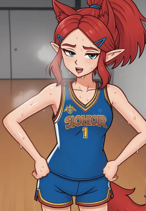 masterpiece, best quality, highres, aazelda, Princess_Zelda, hairclip, red hair,  hair tied into a ponytail, blue tanktop, inside gym, standing, cowboy shot, gym background, open mouth, out of breath, sweaty, sweating, exhuasted, tired exporession, sexy, b...