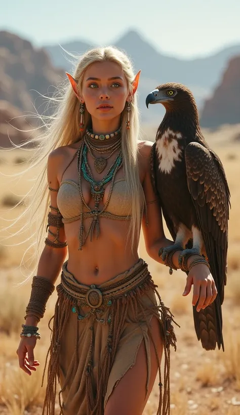 "A beautiful young female elf from the United States, specifically of Apache Native American heritage, depicted in ultra-realistic 3D style, sexy, big boobs. She has long, flowing blonde hair styled naturally, blending her elven grace with the cultural tra...