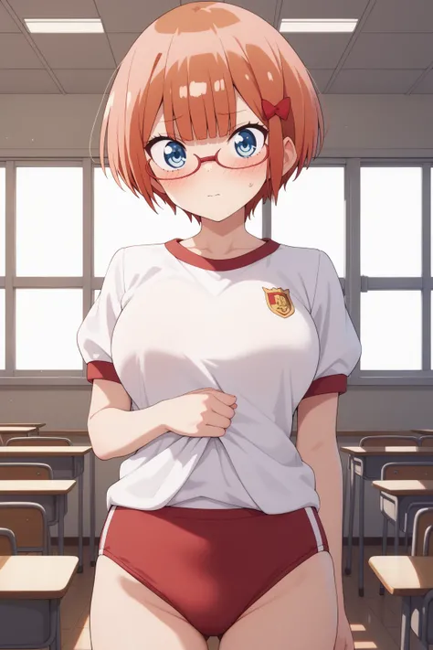 masterpiece,best quality,{{detailed beautiful face and eyes}}, very detailed background,
Rizu Ogata,{{{megami magazine}}},short hair,orange hair,glasses,red-framed eyewear,red bow,blue eyes,large breasts,
gym uniform,red buruma, white shirt, short sleeves,...