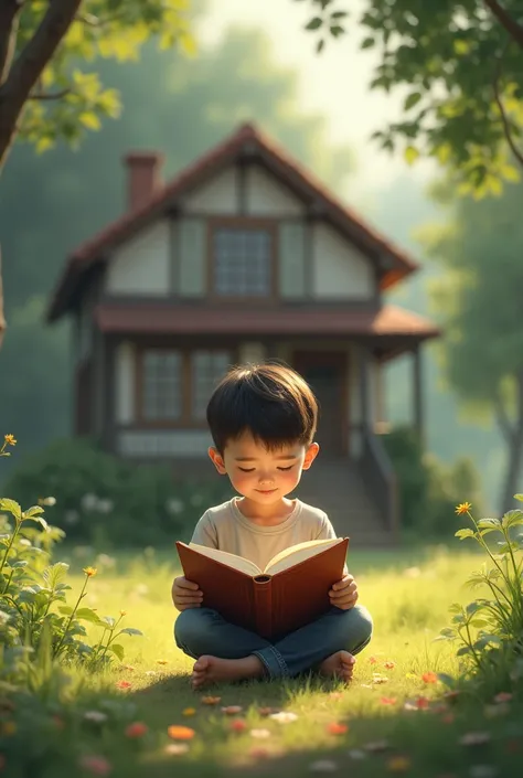 The boy is sitting in front of the house reading a book.