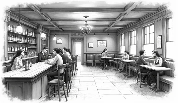 A sketch of a brittish pub from theinside in black and white