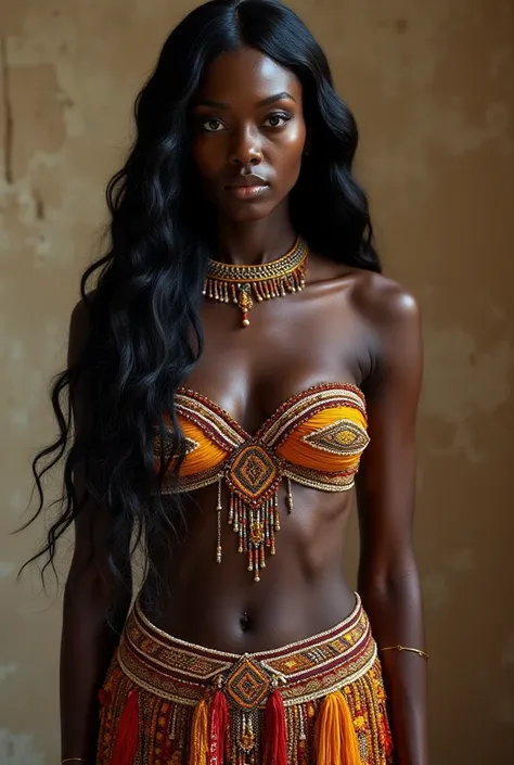 The woman stands with a commanding yet graceful presence, her ebony skin glowing under the soft light. Her metallic black hair cascades down her back in smooth waves, shimmering with every movement. Her eyes, also metallic black, gleam with a mysterious in...