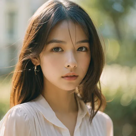 A hyper-realistic image of a single Japanese woman in her early 20s, captured with the nostalgic warmth and subtle graininess of a film camera. Her skin has a warm beige tone with a natural, slightly rough texture that includes visible pores, fine lines, a...