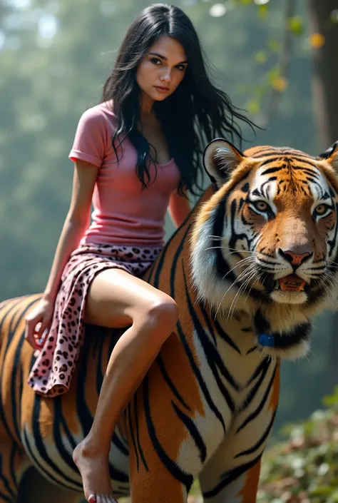 A ultra-realistic photography from a woman with long black hair weared in a pink t-shirt and leopard print skirt, riding a huge saber-toothed tiger and pulling her skirt to cover her intimate areas, pink panties, beautiful detailed eyes, beautiful detailed...