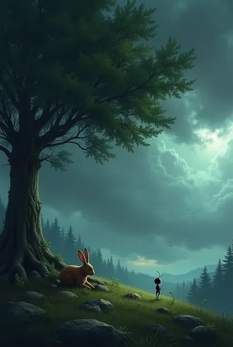 A dark cloudy sky over a forest, with a worried ant and a relaxed rabbit sitting under a tree