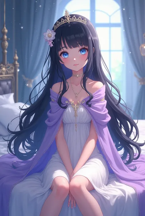 princess in the room, sitting on the bed. long black hair, white dress and a lilac cloak, blue eyes full of stars. in the style, anime. nina the starry bride.