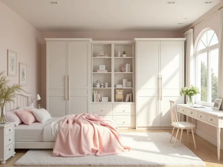  Create a girl's bedroom in which the color of the furniture is white and includes a wardrobe , Coat rack, bed, Vanity,  bedside table to sleep ,  bookcase and a small space for relationship with a mini table and an armchair . Use elegant colors such as be...