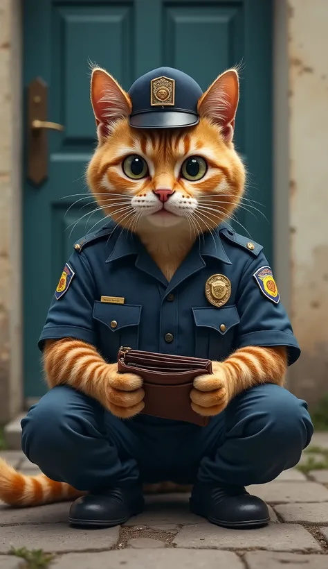 father cat drssed police uniform with sad face, He sat in front of his house and showed him his empty wallet.