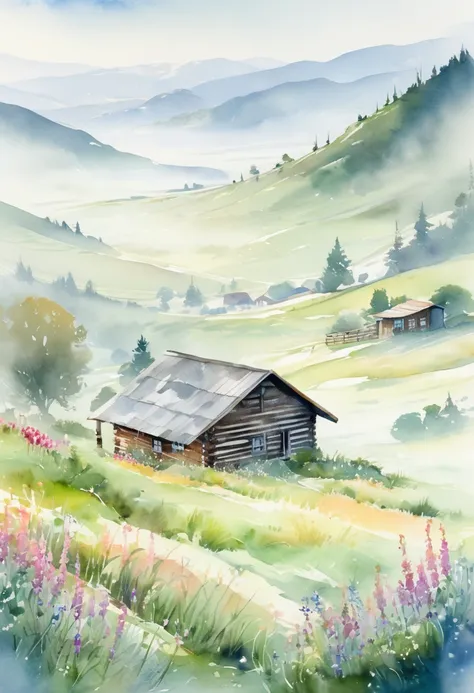 A misty morning valley painted in delicate watercolor shades, with rolling green hills and a small wooden cabin nestled amidst wildflowers