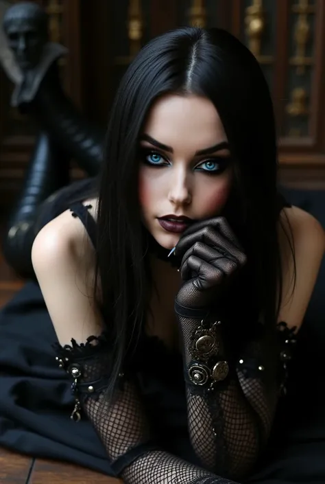  A woman with a fair complexion almost porcelain ,  with a faint shine that accentuates her pale skin ,  stands out for her bright gray eyes ,  that look like storm mirrors ,  mesmerizing and deep .  Her eyes are outlined with intense Gothic makeup in dark...