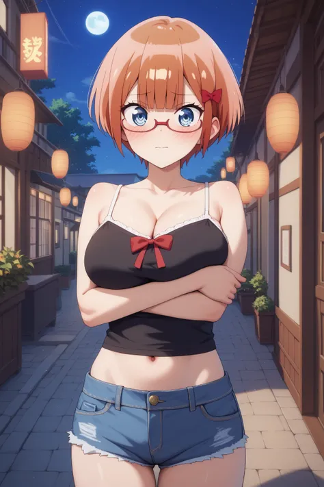 masterpiece,best quality,{{detailed beautiful face and eyes}}, very detailed background,
Rizu Ogata,{{{megami magazine}}},short hair,orange hair,glasses,red-framed eyewear,red bow,blue eyes,large breasts,
camisole, bare shoulders, cleavage, crop top, cutof...